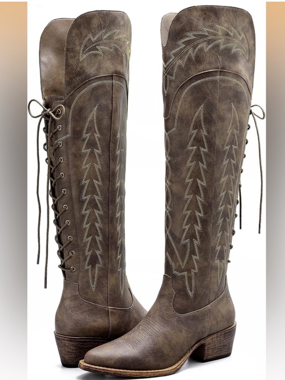 Brown Lace-Up Over-the-Knee Western Boots